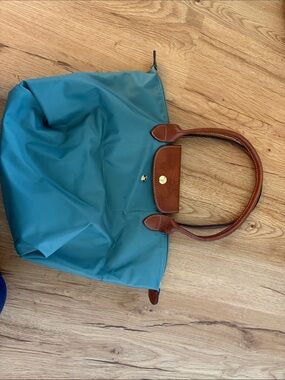 Longchamp Teal Tote with Brown Leather Handles